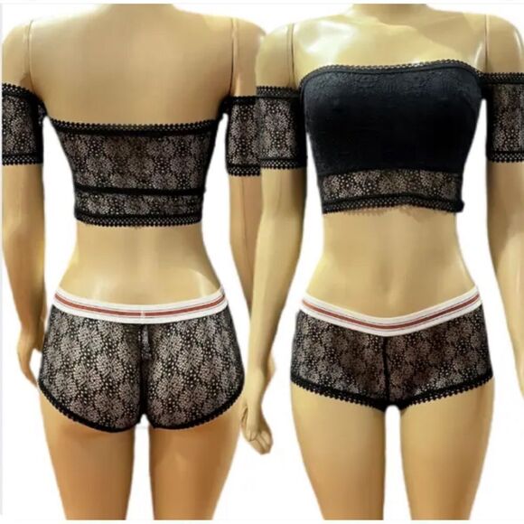 Victorias Secret Set Unlined off shoulders lace Crop Top Bra & Shortie black M - Picture 2 of 2